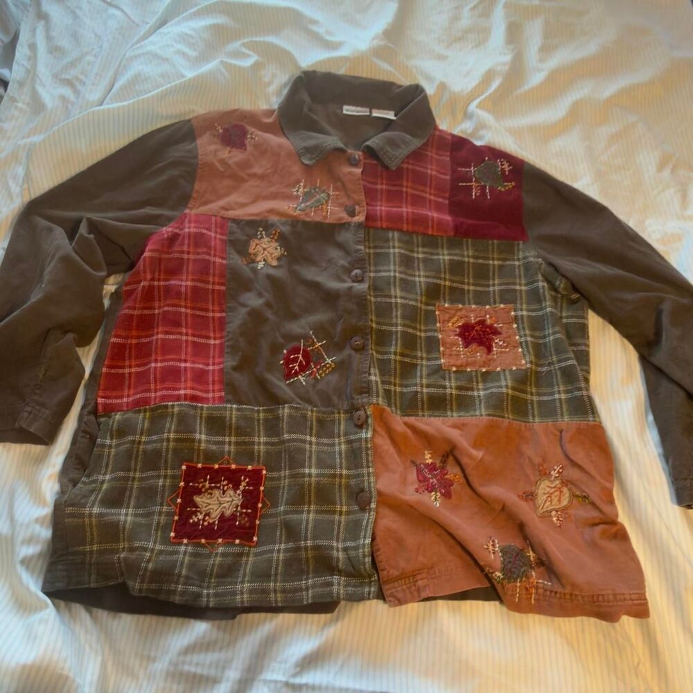 Bobbie Brooks Patchwork Shirt Size 18W/20W Fall Leaf Embroidered Corduroy